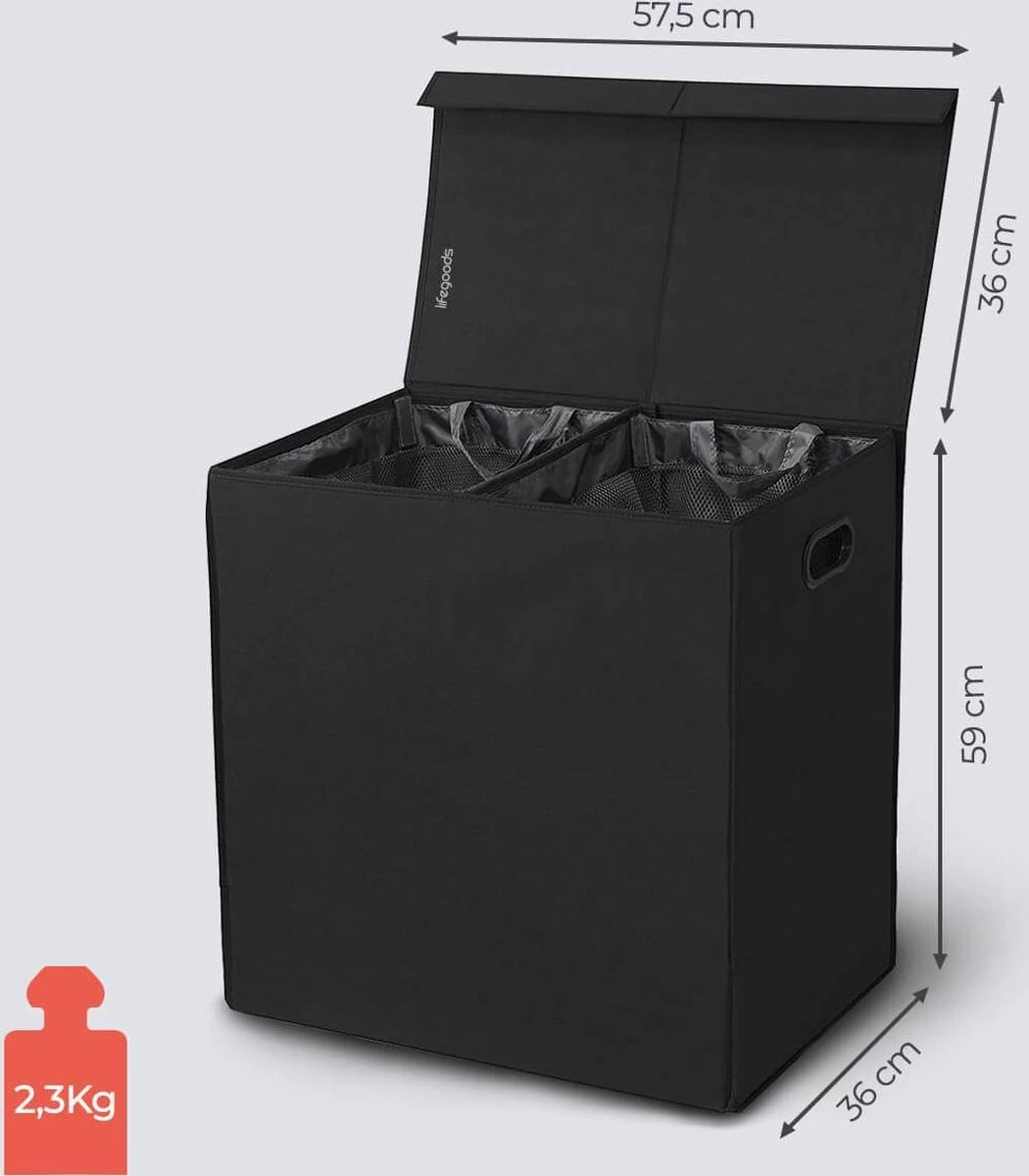 LifeGoods Wasmand - 2 Vakken Met Deksel - Opvouwbaar - 120 L - Wassorteerder - Stof - Zwart 7 LifeGoods Wasmand - 2 Vakken Met Deksel - Opvouwbaar - 120 L - Wassorteerder - Stof - Zwart - Afbeelding 5