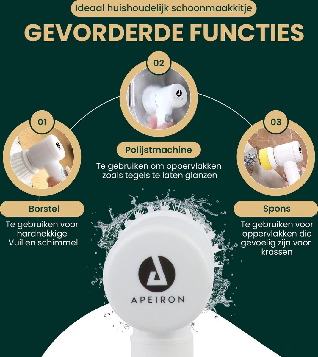 Apeiron Elektrische Schoonmaakborstel - Poetsmachine - Poliermachine - Schrobborstel - Handborstel - Werkborstel - Schrobber - Boorborstel - Wasborstel - Schoonmaakmiddelen - Reinigingsborstel - 3 Opzetstukken 4 Apeiron Elektrische Schoonmaakborstel - Poetsmachine - Poliermachine - Schrobborstel - Handborstel - Werkborstel - Schrobber - Boorborstel - Wasborstel - Schoonmaakmiddelen - Reinigingsborstel - 3 Opzetstukken - Afbeelding 2