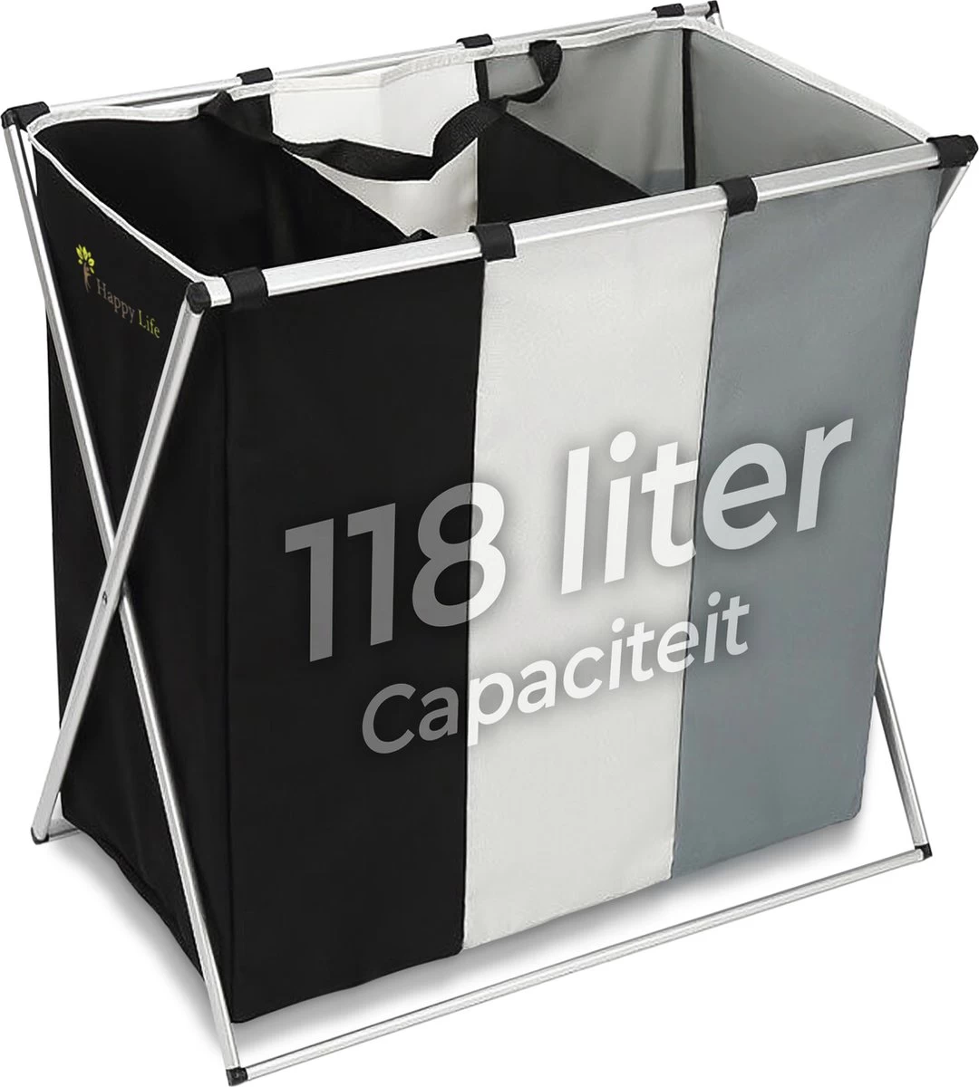 HAPPY LIFE – Wassorteerder – Stevige Grote Wasmand Met 3 Vakken – 118 L Opvouwbaar – Aluminium - Polyester 3 HAPPY LIFE – Wassorteerder – Stevige Grote Wasmand Met 3 Vakken – 118 L Opvouwbaar – Aluminium - Polyester