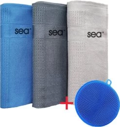 SEA Microvezeldoekjes | Schoonmaakdoeken | Duurzaam | Microvezel Doek Auto | Reinigingsdoekjes | Microvezeldoeken | Schoonmaakdoekjes | Raamdoeken | 60x40cm | 3 Stuks + 1 Stuk Siliconen Schoonmaakspon