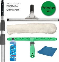 Professionele Glasreinigingsset 6in1 - Ramen Wassen 4,5m Steel! - Raamwisser 35cm, UNGER Inwasser, Speciale Glasdoek, Window Liquid. 500ml