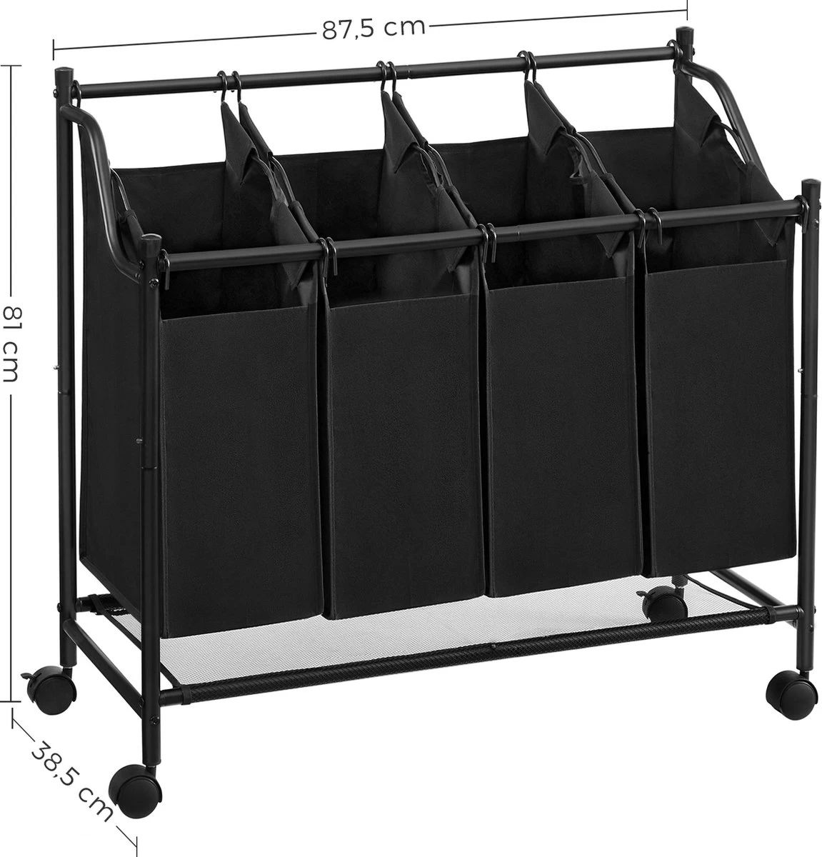 Acaza Stevige Wassorteerder - Wasmand Op Wieltjes Met 4 Uitneembare Vakken - 140L - Zwart 5 Acaza Stevige Wassorteerder - Wasmand Op Wieltjes Met 4 Uitneembare Vakken - 140L - Zwart - Afbeelding 3