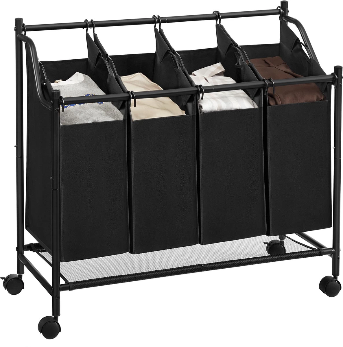 Acaza Stevige Wassorteerder - Wasmand Op Wieltjes Met 4 Uitneembare Vakken - 140L - Zwart 3 Acaza Stevige Wassorteerder - Wasmand Op Wieltjes Met 4 Uitneembare Vakken - 140L - Zwart