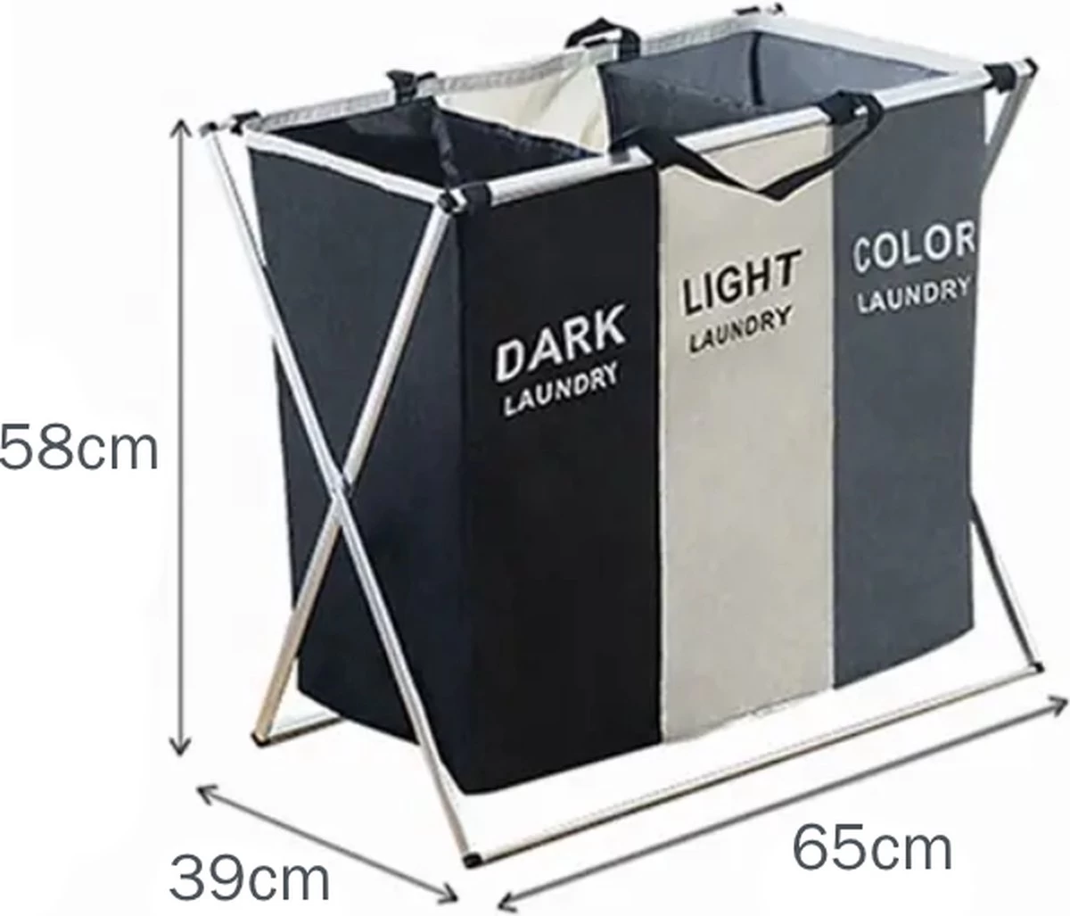 Moderne Wasmand Met 3 Vakken - Aluminium Wassorteerder - Opvouwbaar - 118L - Laundry Basket 6 Moderne Wasmand Met 3 Vakken - Aluminium Wassorteerder - Opvouwbaar - 118L - Laundry Basket - Afbeelding 4