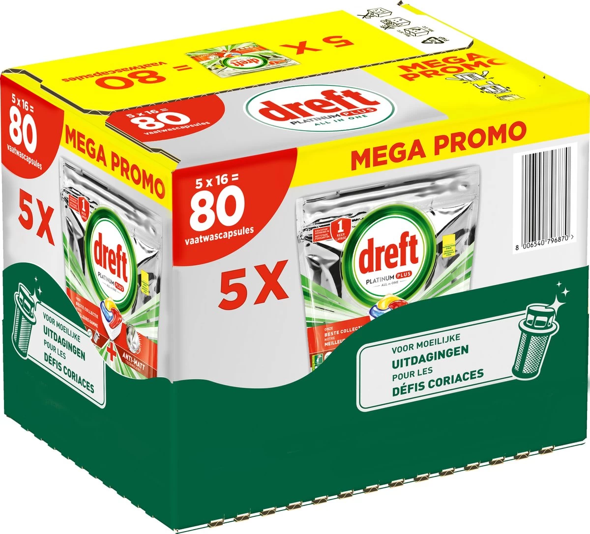 Dreft Platinum Plus All In One - Vaatwastabletten - Citroen - Voordeelverpakking 5 X 16 Stuks 3 Dreft Platinum Plus All In One - Vaatwastabletten - Citroen - Voordeelverpakking 5 X 16 Stuks