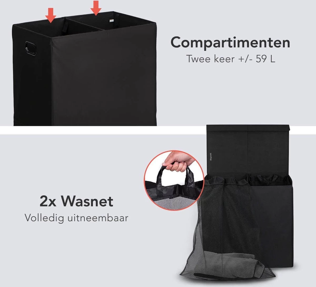 LifeGoods Wasmand - 2 Vakken Met Deksel - Opvouwbaar - 120 L - Wassorteerder - Stof - Zwart 8 LifeGoods Wasmand - 2 Vakken Met Deksel - Opvouwbaar - 120 L - Wassorteerder - Stof - Zwart - Afbeelding 6