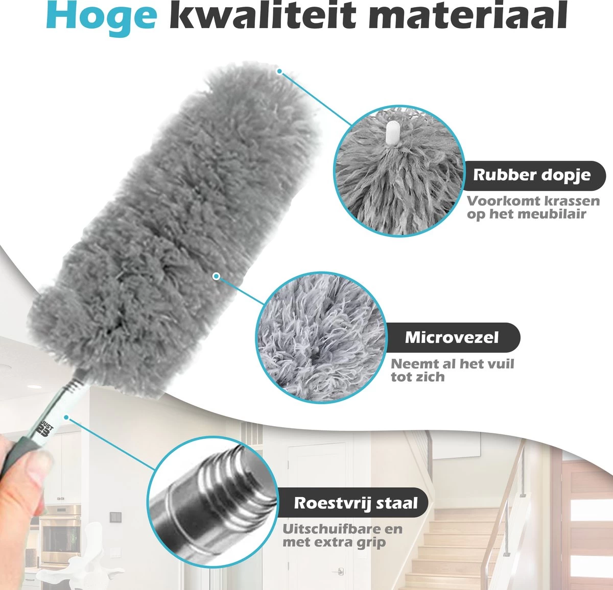 JUST23 Plumeau Uitschuifbaar Met Telescoopsteel – 60 Tot 140 Cm – Ragebol – Stoffer – Duster – Grijs – Incl. Microfiber Doek 5 JUST23 Plumeau Uitschuifbaar Met Telescoopsteel – 60 Tot 140 Cm – Ragebol – Stoffer – Duster – Grijs – Incl. Microfiber Doek - Afbeelding 3