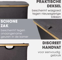HENNEZ Wasmand 2 Vakken Met Deksel - Van 140L Opvouwbaar Met Scheiding En Een Bamboe Frame - Wassorteerder Inclusief Waszak - Laundry Basket - Wasmanden - Wasbox Zwart -Schoonmaakartikelen Winkel 1200x1166 3