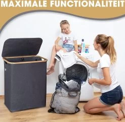 HENNEZ Wasmand 2 Vakken Met Deksel - Van 140L Opvouwbaar Met Scheiding En Een Bamboe Frame - Wassorteerder Inclusief Waszak - Laundry Basket - Wasmanden - Wasbox Zwart -Schoonmaakartikelen Winkel 1200x1174 10