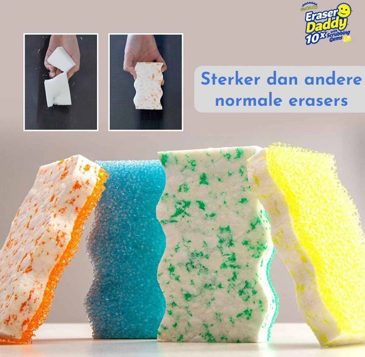 Scrub Daddy Wonderspons - Eraser Daddy - Vlekken Verwijderaar - 10x Steviger - 2 Kleuren 4 Scrub Daddy Wonderspons - Eraser Daddy - Vlekken Verwijderaar - 10x Steviger - 2 Kleuren - Afbeelding 2