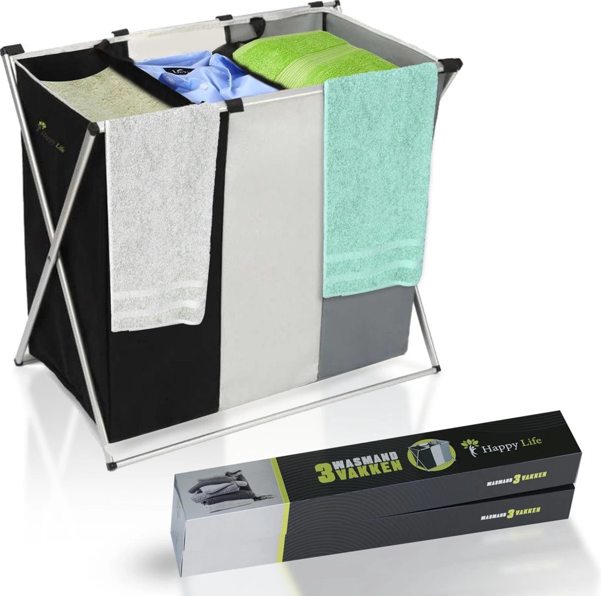 HAPPY LIFE – Wassorteerder – Stevige Grote Wasmand Met 3 Vakken – 118 L Opvouwbaar – Aluminium - Polyester 4 HAPPY LIFE – Wassorteerder – Stevige Grote Wasmand Met 3 Vakken – 118 L Opvouwbaar – Aluminium - Polyester - Afbeelding 2