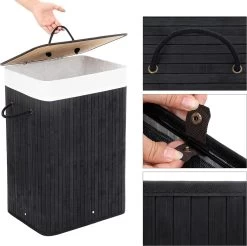 Merkloos Bamboe Wasmand Met Deksel, Katoenen Zak En Handvaten - 72L - Zwart -Schoonmaakartikelen Winkel 1200x1194 14