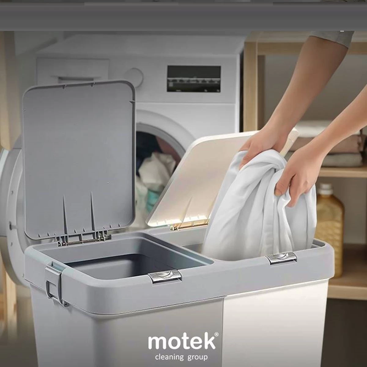 Motek® - Wasmand - 2 Vakken Met Deksel - Met Touch Deksel - Gemaakt Van 100% Gerecycled Kunststof - 80 L - Wasmand Met Deksel - Wassorteerder - Grijs - Wit 7 Motek® - Wasmand - 2 Vakken Met Deksel - Met Touch Deksel - Gemaakt Van 100% Gerecycled Kunststof - 80 L - Wasmand Met Deksel - Wassorteerder - Grijs - Wit - Afbeelding 5