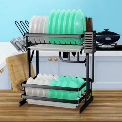 TammaT - Afdruiprek Met Lekbak 2 Laags – Inklapbaar - Afwasrek – Met 2 Lekbakken – Extra Accessories Voor Servies En Snijplanken - RVS - 38x35x26,5cm -Schoonmaakartikelen Winkel 1200x1200 1117