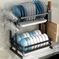 TammaT - Afdruiprek Met Lekbak 2 Laags – Inklapbaar - Afwasrek – Met 2 Lekbakken – Extra Accessories Voor Servies En Snijplanken - RVS - 38x35x26,5cm -Schoonmaakartikelen Winkel 1200x1200 1118