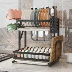 TammaT - Afdruiprek Met Lekbak 2 Laags – Inklapbaar - Afwasrek – Met 2 Lekbakken – Extra Accessories Voor Servies En Snijplanken - RVS - 38x35x26,5cm -Schoonmaakartikelen Winkel 1200x1200 1119