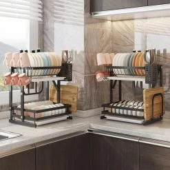 TammaT - Afdruiprek Met Lekbak 2 Laags – Inklapbaar - Afwasrek – Met 2 Lekbakken – Extra Accessories Voor Servies En Snijplanken - RVS - 38x35x26,5cm -Schoonmaakartikelen Winkel 1200x1200 1120