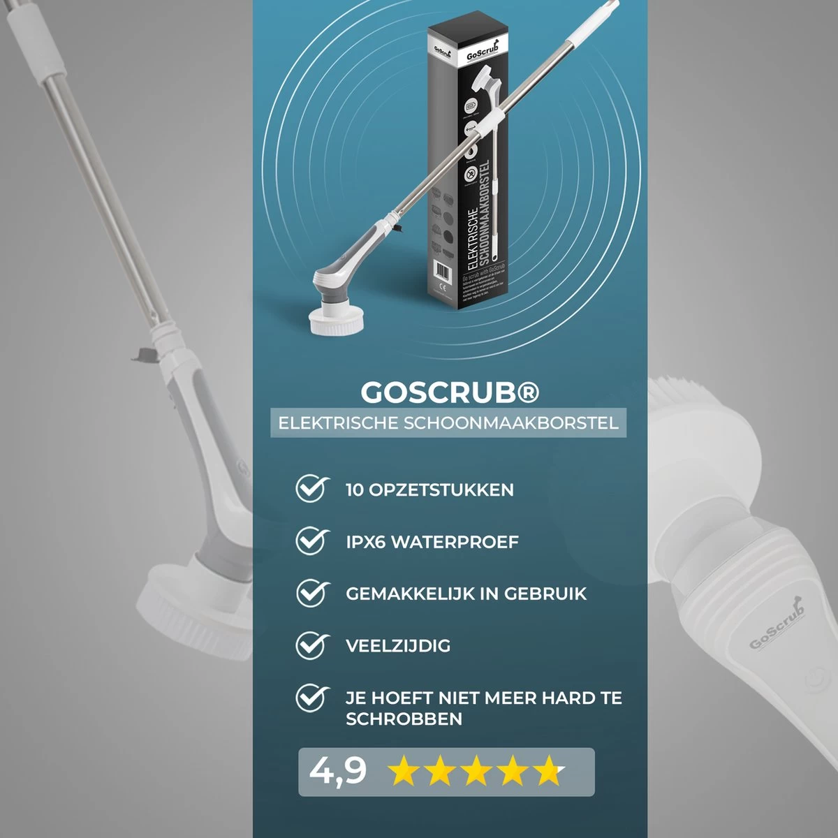 GoScrub® Elektrische Schoonmaakborstel – Elektrische Schrobber - Schrobborstel – Voor Badkamer Of Keuken – Schrobber Met Steel – Luiwagen – Polijstmachine - Poetsmachine Met 10 Opzetstukken 7 GoScrub® Elektrische Schoonmaakborstel – Elektrische Schrobber - Schrobborstel – Voor Badkamer Of Keuken – Schrobber Met Steel – Luiwagen – Polijstmachine - Poetsmachine Met 10 Opzetstukken - Afbeelding 5