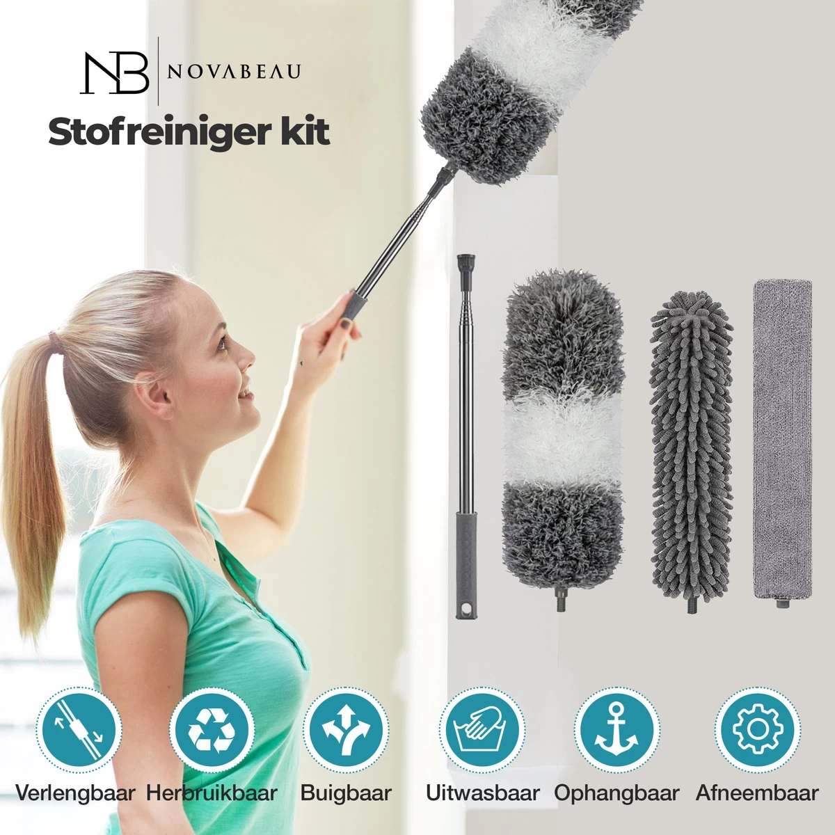 Novabeau® - Telescopische Plumeau – Plumeau Met Telescoopsteel – Ragebol – Uitschuifbaar – Grijs – 3-delige Set 8 Novabeau® - Telescopische Plumeau – Plumeau Met Telescoopsteel – Ragebol – Uitschuifbaar – Grijs – 3-delige Set - Afbeelding 6