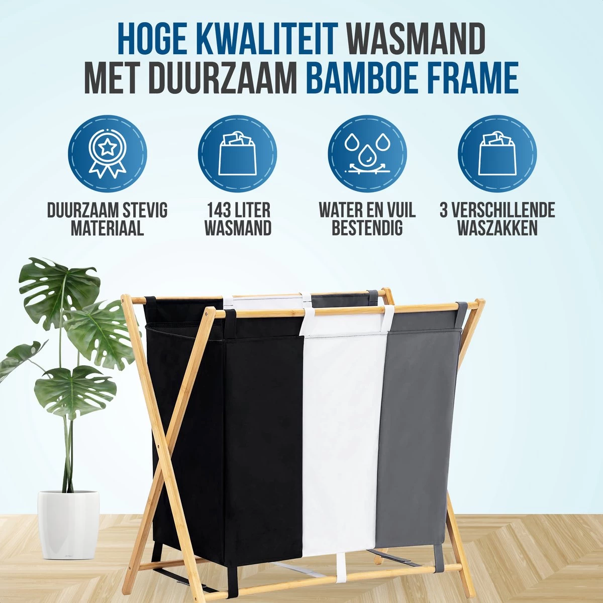 Strex Wasmand Met 3 Vakken 143L - Opklapbaar - Wassorteerder 4 Strex Wasmand Met 3 Vakken 143L - Opklapbaar - Wassorteerder - Afbeelding 2