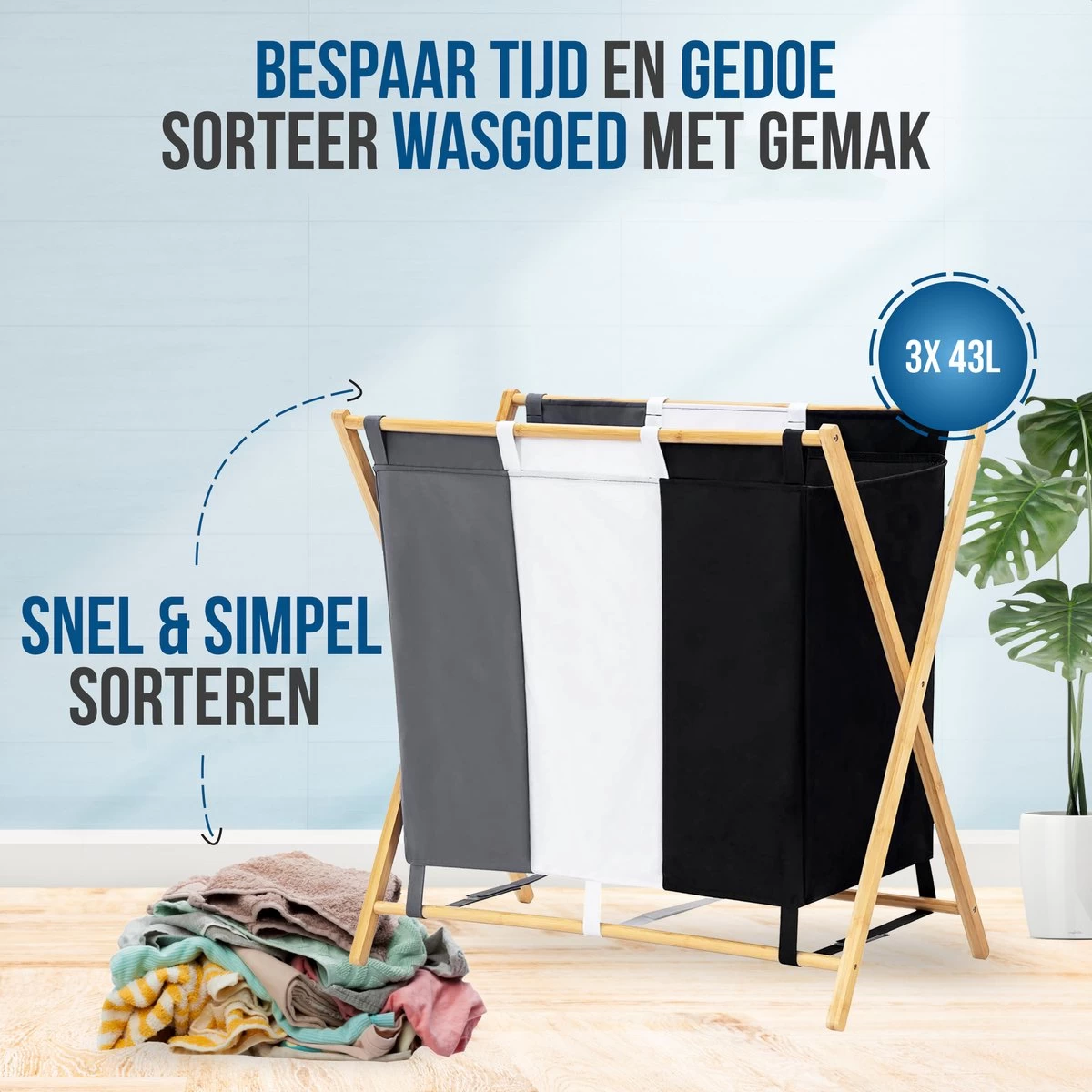 Strex Wasmand Met 3 Vakken 143L - Opklapbaar - Wassorteerder 5 Strex Wasmand Met 3 Vakken 143L - Opklapbaar - Wassorteerder - Afbeelding 3