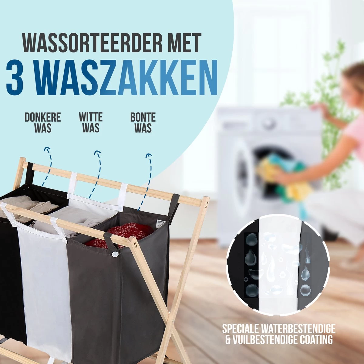Strex Wasmand Met 3 Vakken 143L - Opklapbaar - Wassorteerder 6 Strex Wasmand Met 3 Vakken 143L - Opklapbaar - Wassorteerder - Afbeelding 4