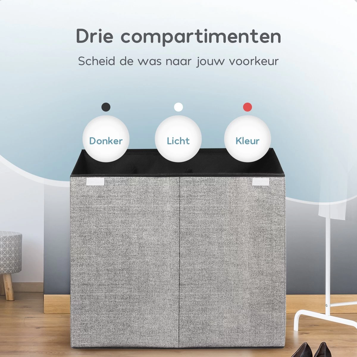 Zonovi Wasmand – 3 Vakken Met Deksel – Opvouwbaar – Wassorteerder – Dubbele Wasmand – Laundry Basket – Wasbox – Organizer Kleding - Stof – Grijs – 110 Liter 8 Zonovi Wasmand – 3 Vakken Met Deksel – Opvouwbaar – Wassorteerder – Dubbele Wasmand – Laundry Basket – Wasbox – Organizer Kleding - Stof – Grijs – 110 Liter - Afbeelding 6
