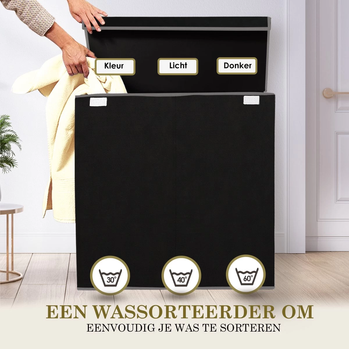 MIRI Wasmand – 3 Vakken Met Deksel – Wassorteerder – Zwart – 120 Liter – Wasbox – Opvouwbaar – Organizer Kleding – Laundry Basket 4 MIRI Wasmand – 3 Vakken Met Deksel – Wassorteerder – Zwart – 120 Liter – Wasbox – Opvouwbaar – Organizer Kleding – Laundry Basket - Afbeelding 2