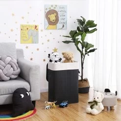 Merkloos Bamboe Wasmand Met Deksel, Katoenen Zak En Handvaten - 72L - Zwart -Schoonmaakartikelen Winkel 1200x1200 1782