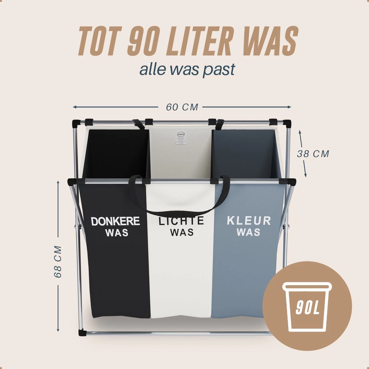 Landys Wasmand 3 Vakken - Opvouwbare Wassorteerder Met NL Opdruk - Aluminium Frame - 90L 4 Landys Wasmand 3 Vakken - Opvouwbare Wassorteerder Met NL Opdruk - Aluminium Frame - 90L - Afbeelding 2
