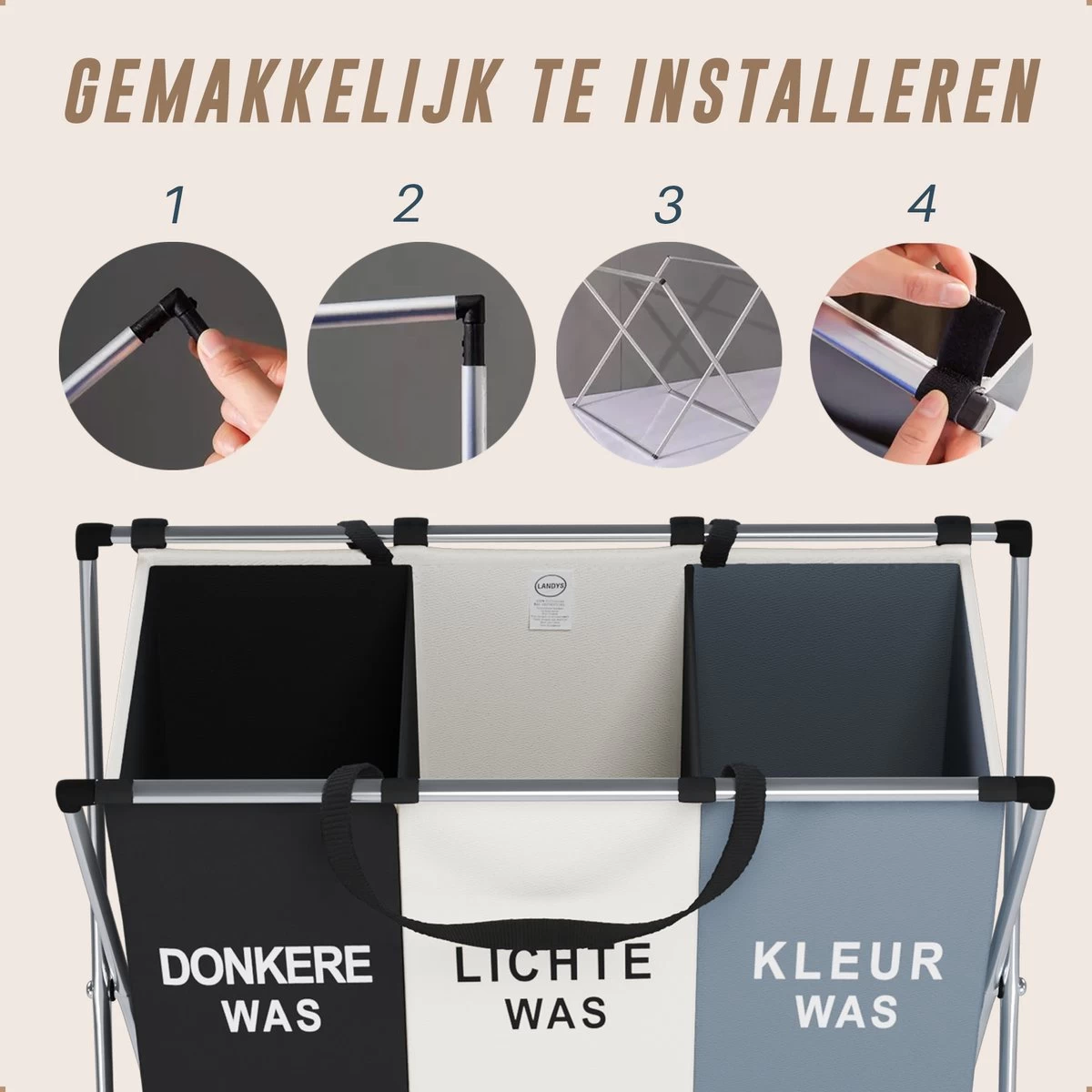 Landys Wasmand 3 Vakken - Opvouwbare Wassorteerder Met NL Opdruk - Aluminium Frame - 90L 9 Landys Wasmand 3 Vakken - Opvouwbare Wassorteerder Met NL Opdruk - Aluminium Frame - 90L - Afbeelding 7