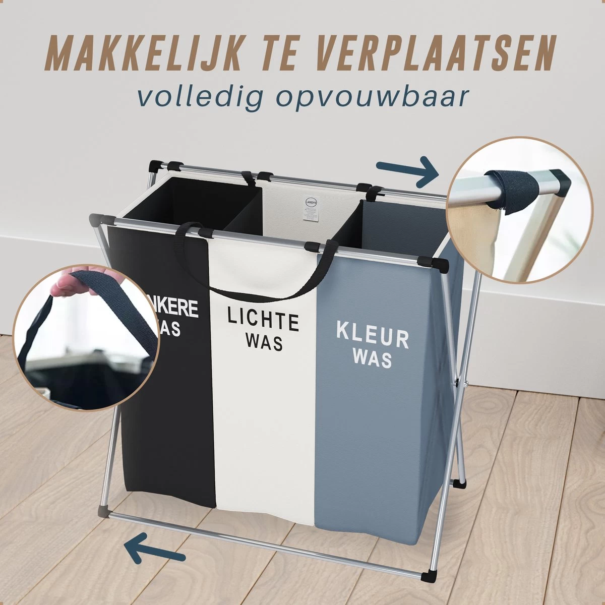 Landys Wasmand 3 Vakken - Opvouwbare Wassorteerder Met NL Opdruk - Aluminium Frame - 90L 10 Landys Wasmand 3 Vakken - Opvouwbare Wassorteerder Met NL Opdruk - Aluminium Frame - 90L - Afbeelding 8
