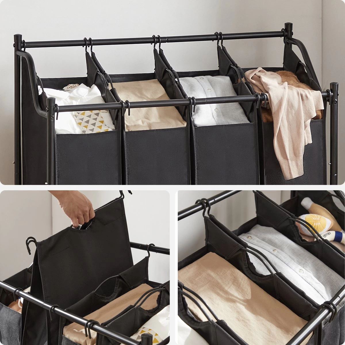 Acaza Stevige Wassorteerder - Wasmand Op Wieltjes Met 4 Uitneembare Vakken - 140L - Zwart 7 Acaza Stevige Wassorteerder - Wasmand Op Wieltjes Met 4 Uitneembare Vakken - 140L - Zwart - Afbeelding 5