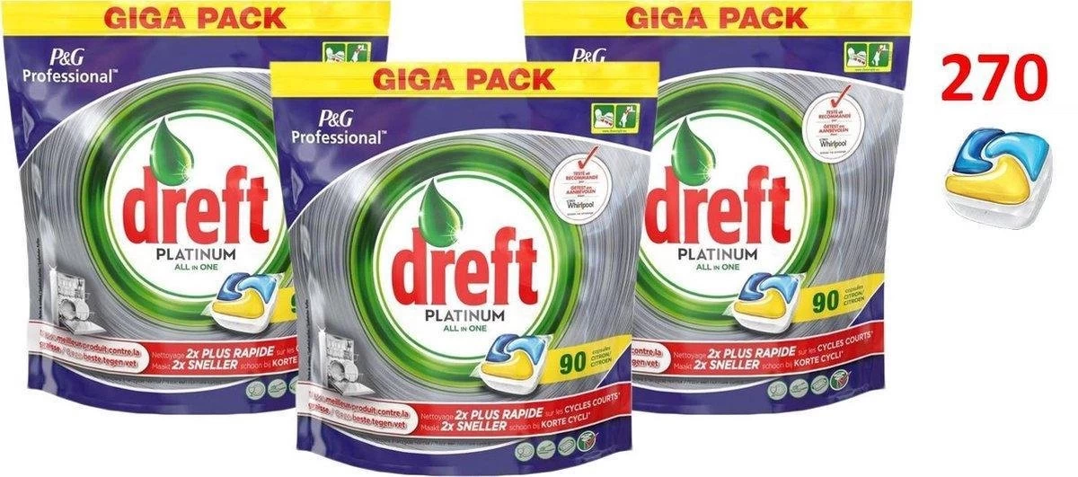 Dreft Platinum - All In One Lemon Voordeeldeal 270 Vaatwastabletten / Jaardoos / Megadeal / Voordeeldoos 4 Dreft Platinum - All In One Lemon Voordeeldeal 270 Vaatwastabletten / Jaardoos / Megadeal / Voordeeldoos - Afbeelding 2