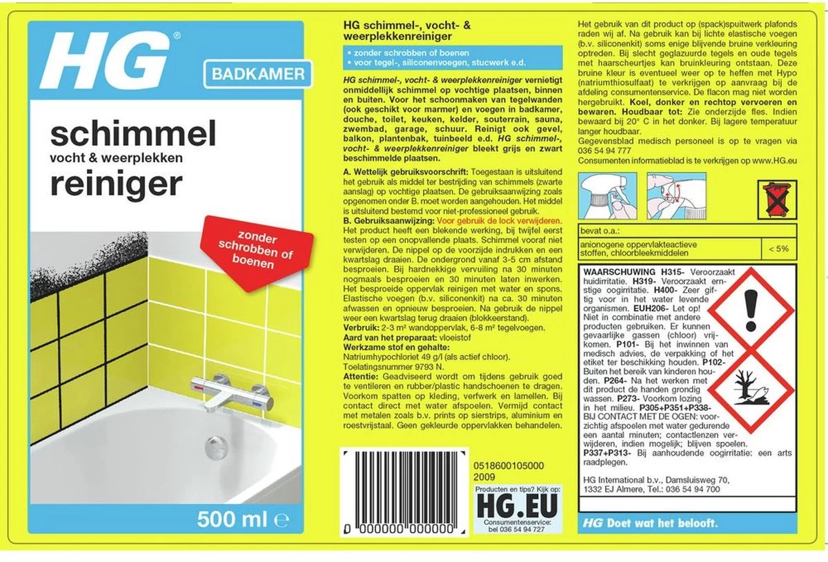 HG Schimmelreiniger - 500ml - De NR 1 Schimmelverwijderaar - Vernietigt De Hardnekkigste Schimmel - Geschikt Voor De Badkamer, Tegel-, Siliconenvoegen, Stucwerk 4 HG Schimmelreiniger - 500ml - De NR 1 Schimmelverwijderaar - Vernietigt De Hardnekkigste Schimmel - Geschikt Voor De Badkamer, Tegel-, Siliconenvoegen, Stucwerk - Afbeelding 2