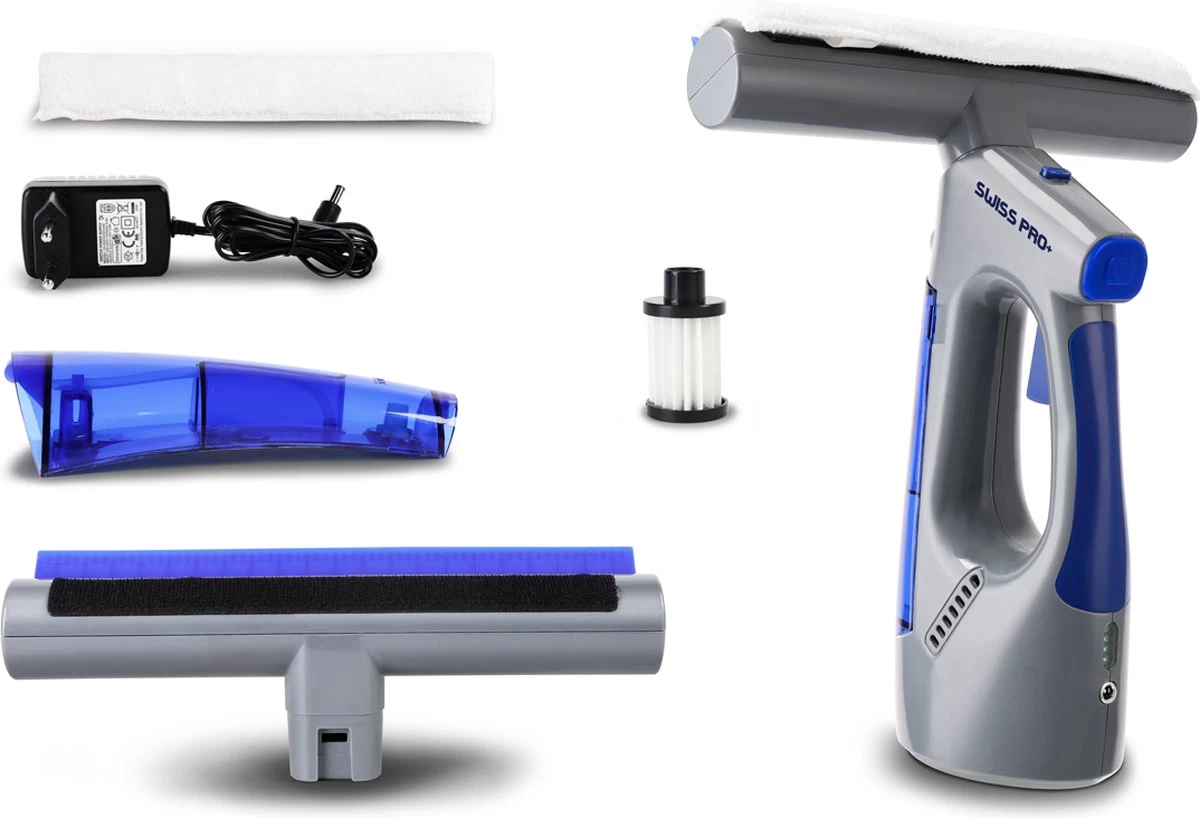 Swiss Pro+ Ruitenreiniger 3 In 1 WV 2 Blue Edition Window Vac - Ca. 120 M² - Waterzuiger - Incl. Smalle Zuigmond - Oplaadbaar - Raamwisser - Streeploos - Clicksystem - 2 Microvezeldoekjes - Met Sprayfunctie - Low Noise - Hepafilter 3 Swiss Pro+ Ruitenreiniger 3 In 1 WV 2 Blue Edition Window Vac - Ca. 120 M² - Waterzuiger - Incl. Smalle Zuigmond - Oplaadbaar - Raamwisser - Streeploos - Clicksystem - 2 Microvezeldoekjes - Met Sprayfunctie - Low Noise - Hepafilter