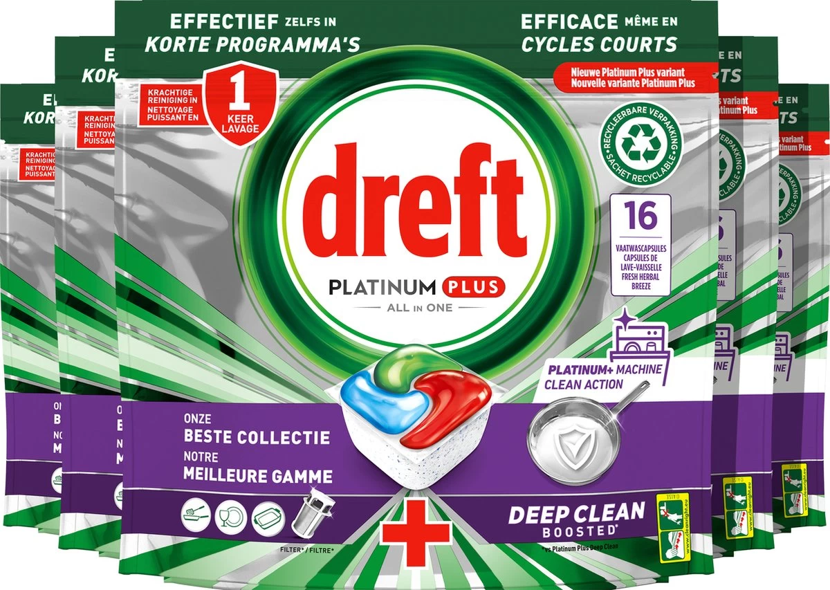 Dreft Platinum Plus All In One Machine Clean - Vaatwastabletten - 5 X 16 Tabletten 3 Dreft Platinum Plus All In One Machine Clean - Vaatwastabletten - 5 X 16 Tabletten