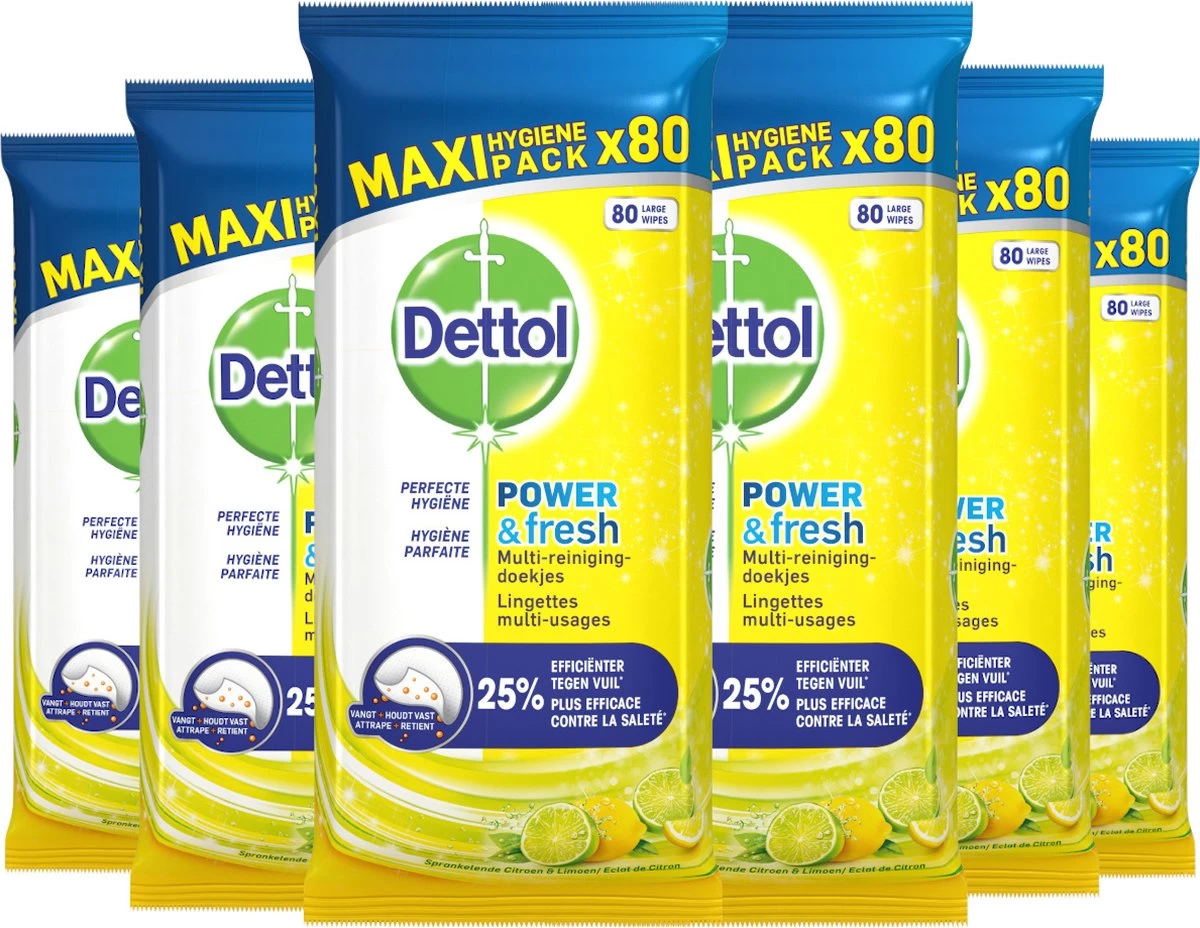 Dettol Schoonmaakdoekjes Power & Fresh - Citrus - 80 Stuks X6 3 Dettol Schoonmaakdoekjes Power & Fresh - Citrus - 80 Stuks X6