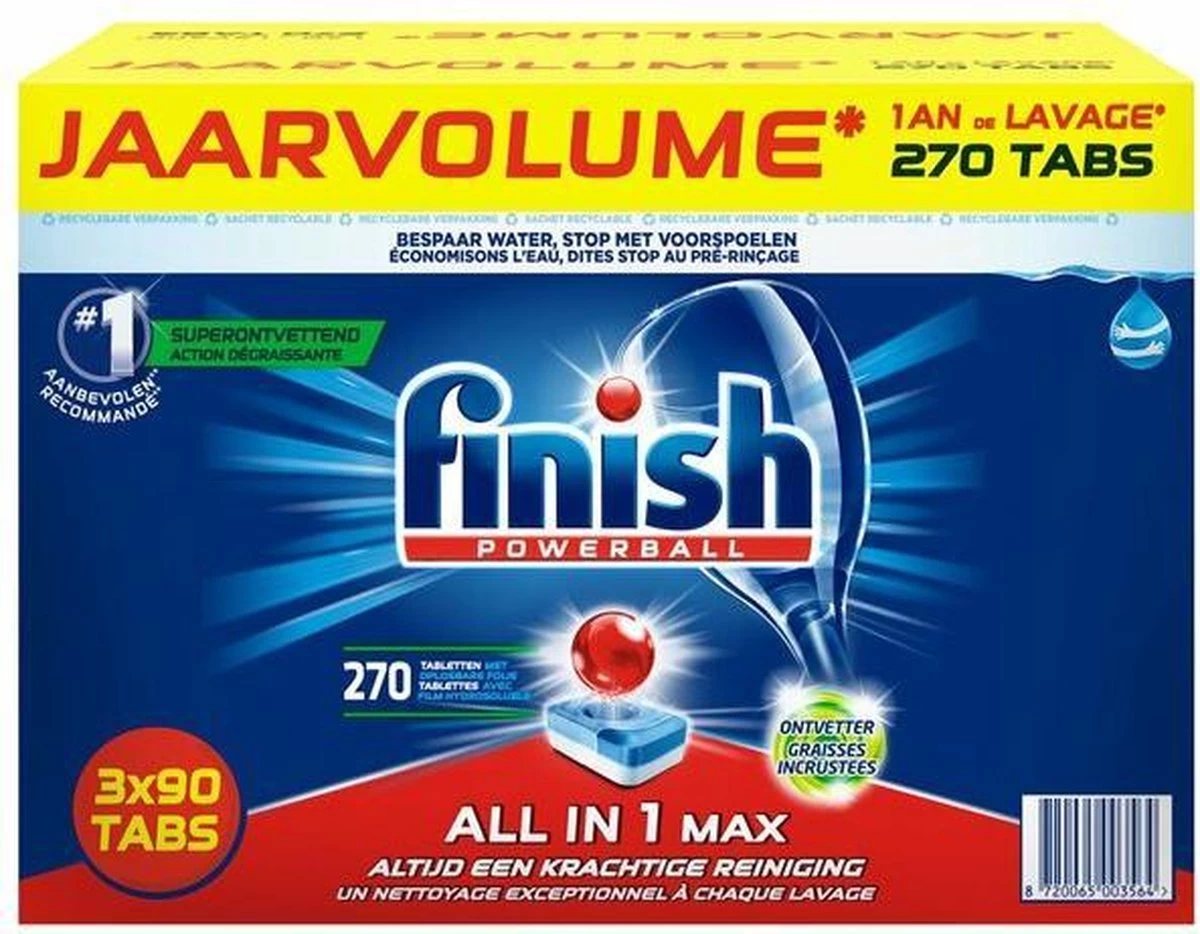 Finish Powerball All In 1 Max Ontvetter Vaatwastabletten Jaarvolume - 270 Tabs 3 Finish Powerball All In 1 Max Ontvetter Vaatwastabletten Jaarvolume - 270 Tabs