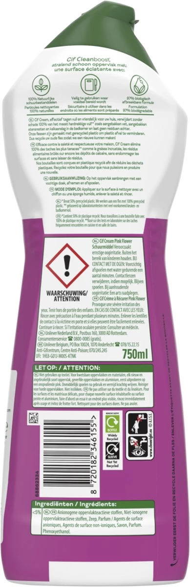Cif CleanBoost Cream Pink Schuurmiddel - 8 X 750 Ml - Voordeelverpakking 8 Cif CleanBoost Cream Pink Schuurmiddel - 8 X 750 Ml - Voordeelverpakking - Afbeelding 6