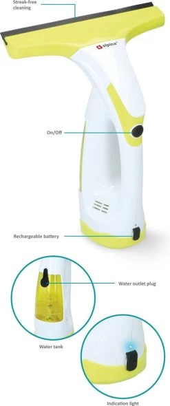 Alpina Elektrische Ramenwasser - Ruitenreiniger 635GR - Oplaadbare Raamtrekker - 3,7V Lithiumbatterij - Batterijduur 30 Minuten - 70ML Waterreservoir - Wit/Geel -Schoonmaakartikelen Winkel 502x1200