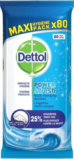 Dettol - Power & Fresh - Schoonmaakdoekjes - Oceaanfris - 4 X 80 Doekjes -Schoonmaakartikelen Winkel 556x1200