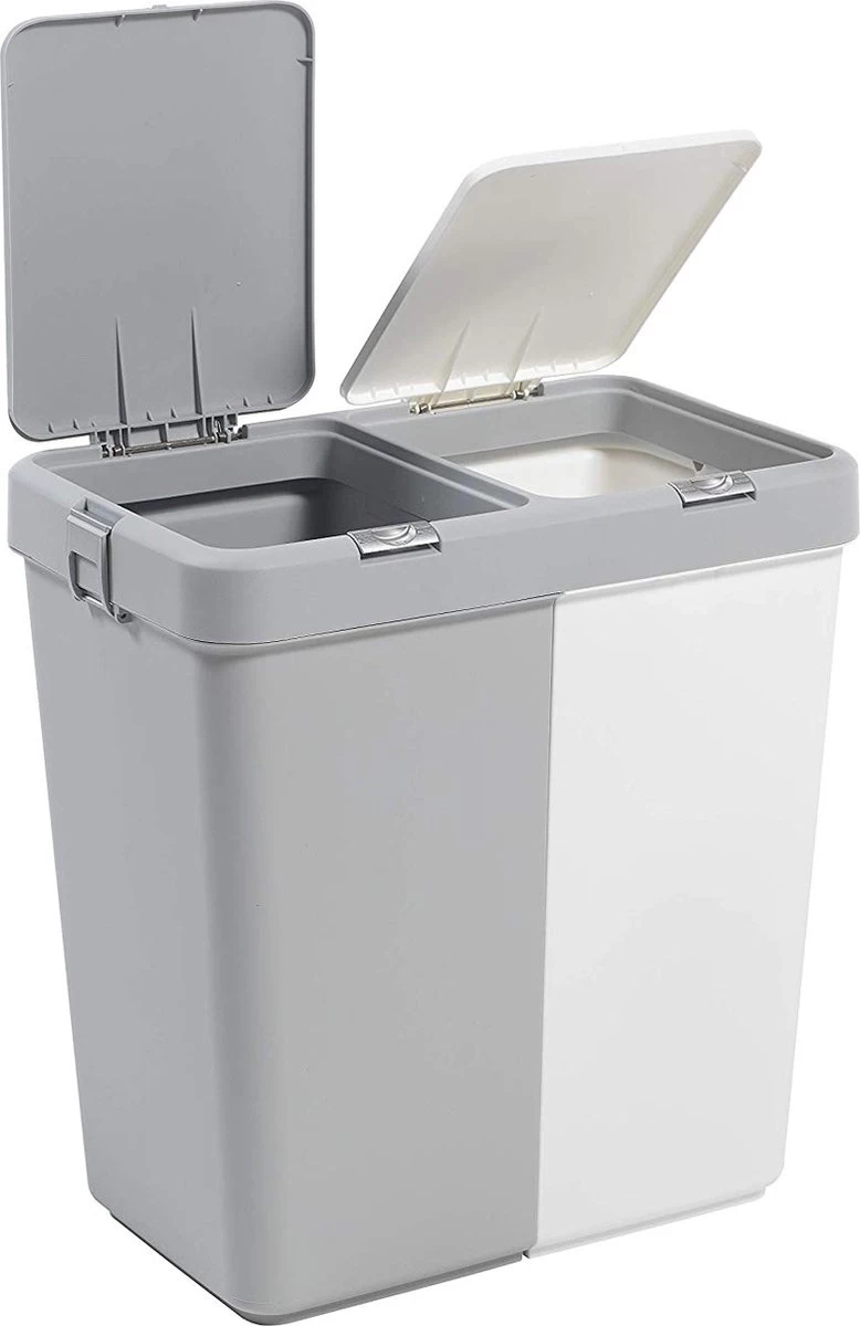 Motek® - Wasmand - 2 Vakken Met Deksel - Met Touch Deksel - Gemaakt Van 100% Gerecycled Kunststof - 80 L - Wasmand Met Deksel - Wassorteerder - Grijs - Wit 3 Motek® - Wasmand - 2 Vakken Met Deksel - Met Touch Deksel - Gemaakt Van 100% Gerecycled Kunststof - 80 L - Wasmand Met Deksel - Wassorteerder - Grijs - Wit