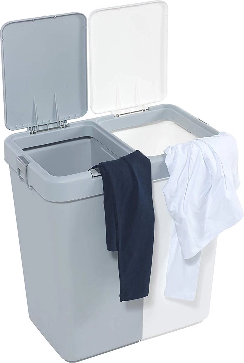 Motek® - Wasmand - 2 Vakken Met Deksel - Met Touch Deksel - Gemaakt Van 100% Gerecycled Kunststof - 80 L - Wasmand Met Deksel - Wassorteerder - Grijs - Wit 9 Motek® - Wasmand - 2 Vakken Met Deksel - Met Touch Deksel - Gemaakt Van 100% Gerecycled Kunststof - 80 L - Wasmand Met Deksel - Wassorteerder - Grijs - Wit - Afbeelding 7
