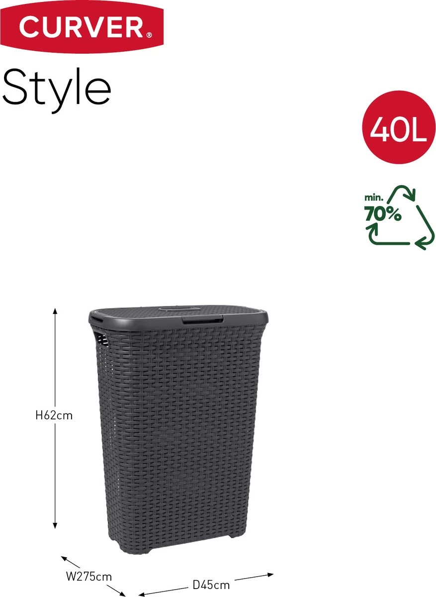 Curver Style Wasmand Met Deksel - 40L - Antraciet 4 Curver Style Wasmand Met Deksel - 40L - Antraciet - Afbeelding 2