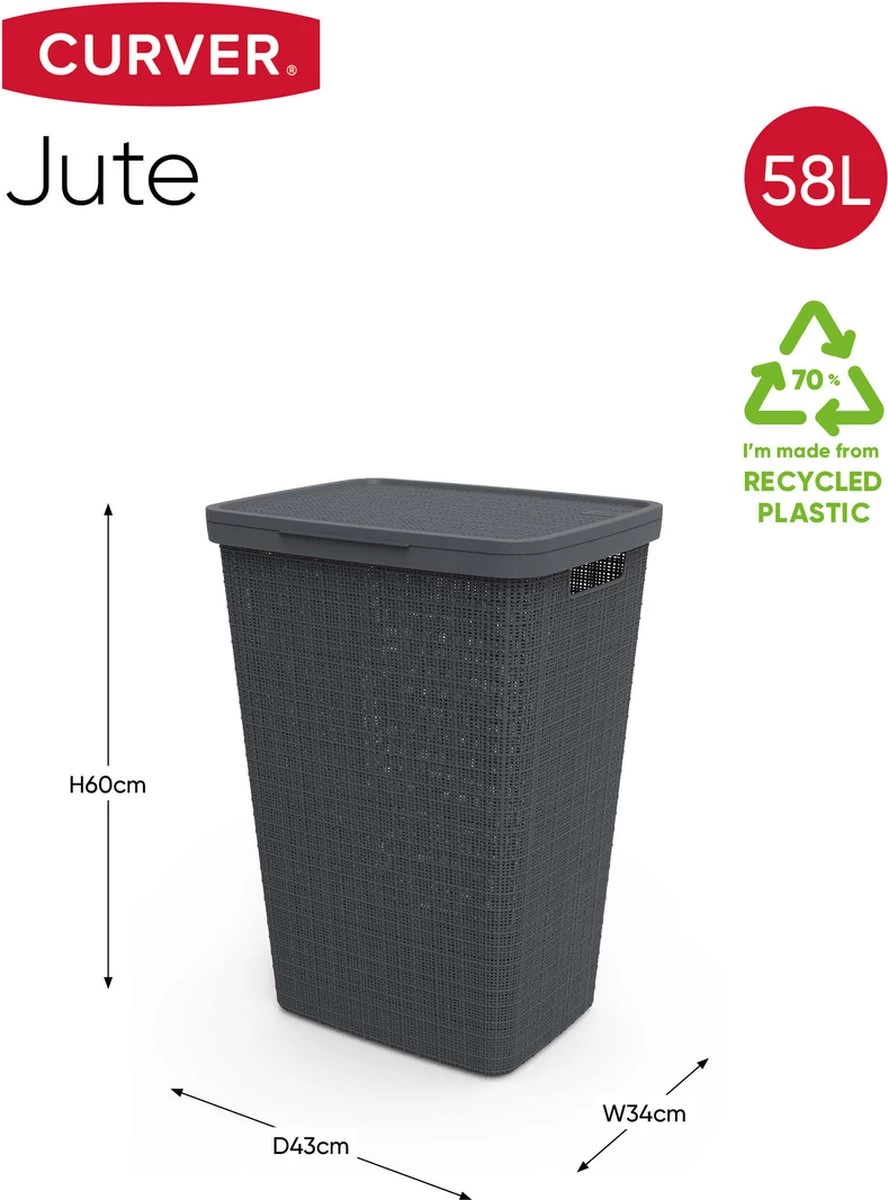 Curver Jute Wasmand Met Deksel 58L + Wasmand 46L - Donkergrijs 5 Curver Jute Wasmand Met Deksel 58L + Wasmand 46L - Donkergrijs - Afbeelding 3