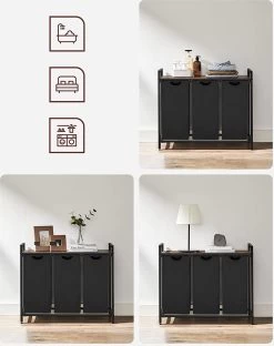 Wasmand, Wasverzamelaar, 3 Vakken, Met Legbord, Wassorteerbak, Waszak Uitschuifbaar En Uitneembaar, Per Waszak 38 Liter, Voor Badkamer, Wasruimte, Vintage Bruin-zwart -Schoonmaakartikelen Winkel 950x1200 2