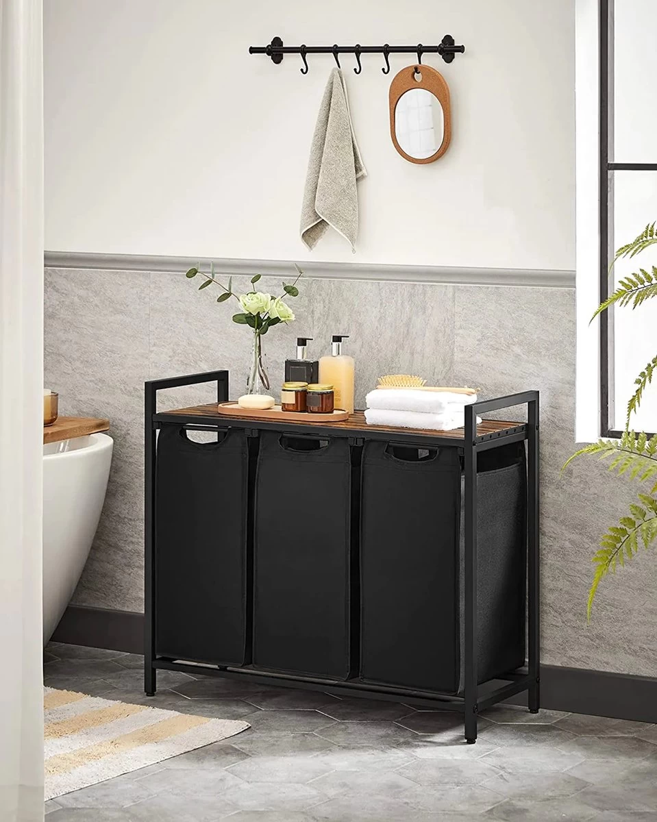 A.T. Shop Wasmand, Wascollector, Wassorteerder, 3 Compartimenten, Met Plank, Waszak Uitschuifbaar En Afneembaar, Per Zak 38 Liter 5 A.T. Shop Wasmand, Wascollector, Wassorteerder, 3 Compartimenten, Met Plank, Waszak Uitschuifbaar En Afneembaar, Per Zak 38 Liter - Afbeelding 3