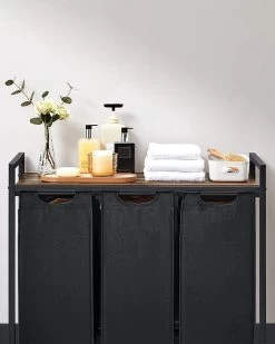 Wasmand, Wasverzamelaar, 3 Vakken, Met Legbord, Wassorteerbak, Waszak Uitschuifbaar En Uitneembaar, Per Waszak 38 Liter, Voor Badkamer, Wasruimte, Vintage Bruin-zwart BLH301B01 -Schoonmaakartikelen Winkel 960x1200 10