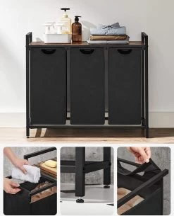 Wasmand, Wasverzamelaar, 3 Vakken, Met Legbord, Wassorteerbak, Waszak Uitschuifbaar En Uitneembaar, Per Waszak 38 Liter, Voor Badkamer, Wasruimte, Vintage Bruin-zwart BLH301B01 -Schoonmaakartikelen Winkel 972x1200 4